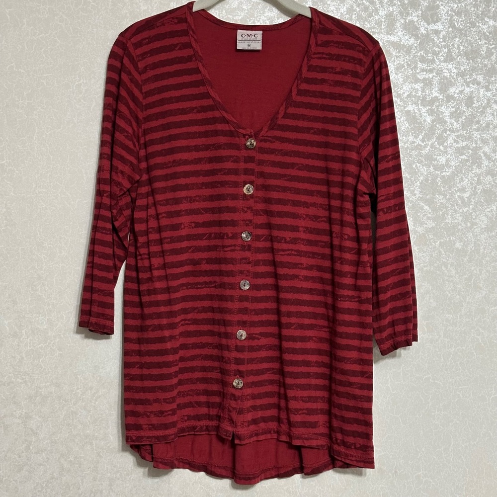 CMC Color Me Cotton Striped Button Up Shirt 3/4 Sleeve 100% Cotton Red‎ Boho M